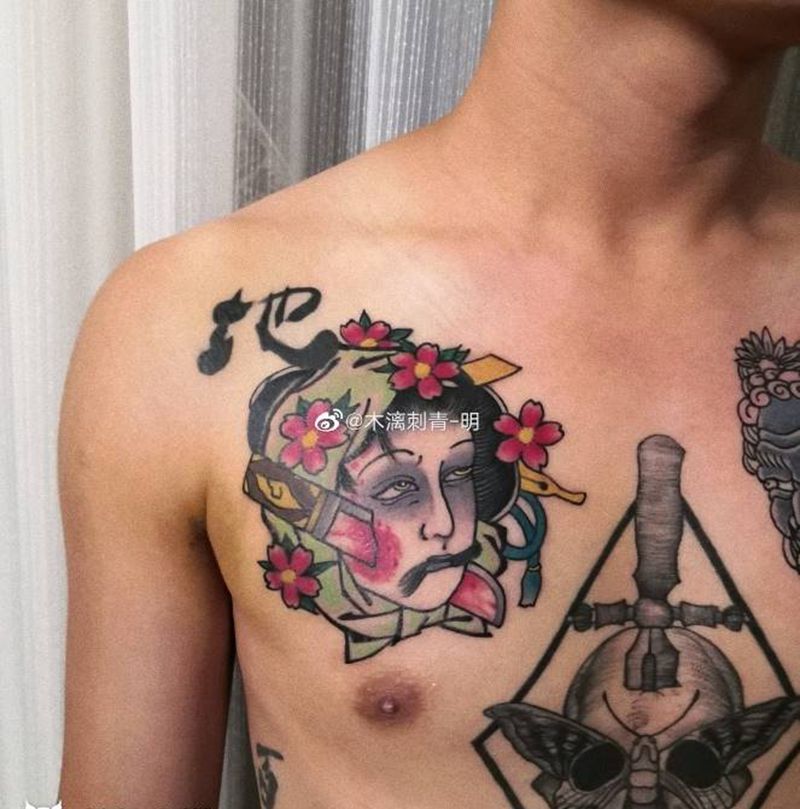 生首纹身图片_胸部老传统日式生首纹身图案