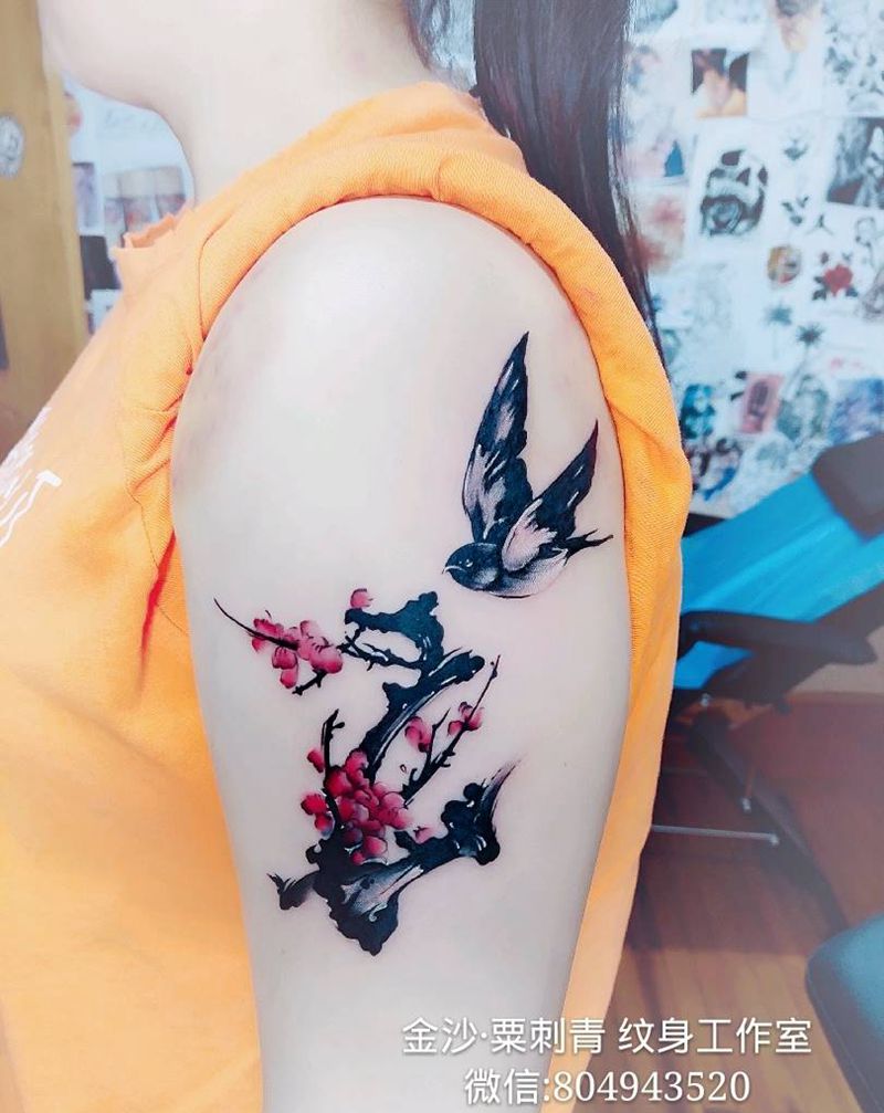 喜上梅枝纹身图片_手臂老传统水墨纹身图案