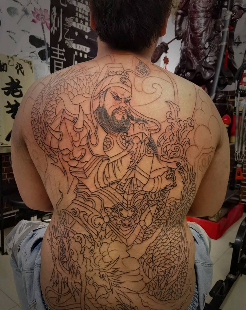 关二爷纹身图片_背部纹身图案