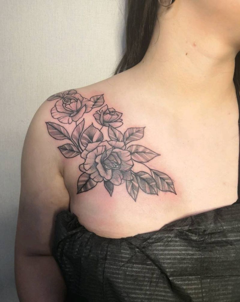 素花遮盖纹身图片_肩部胸部点刺素花肩花纹身图案