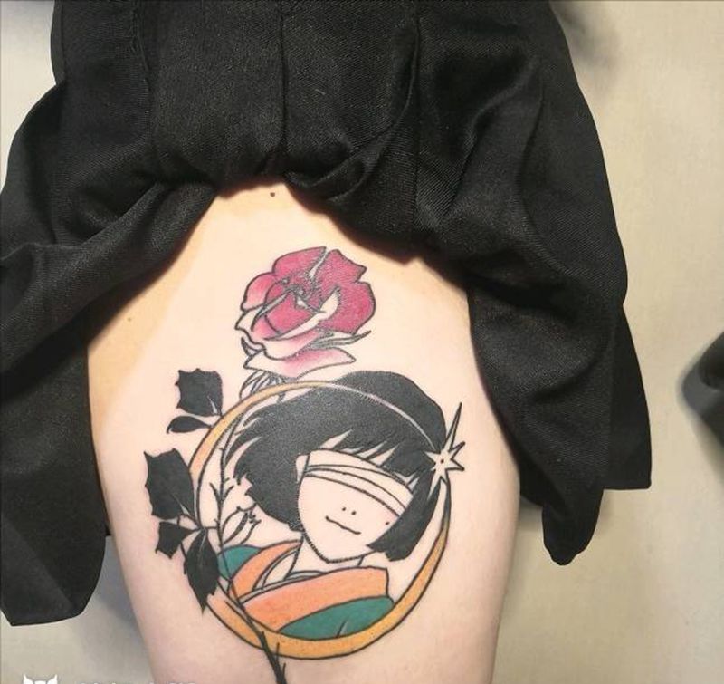 少女客人自带图纹身图片_腿部Old School纹身图案