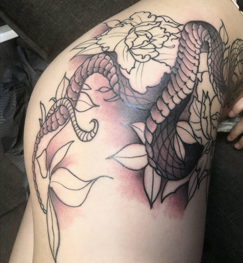 蛇缠牡丹.未完纹身图片_臀部腰部新传统蛇牡丹纹身图案
