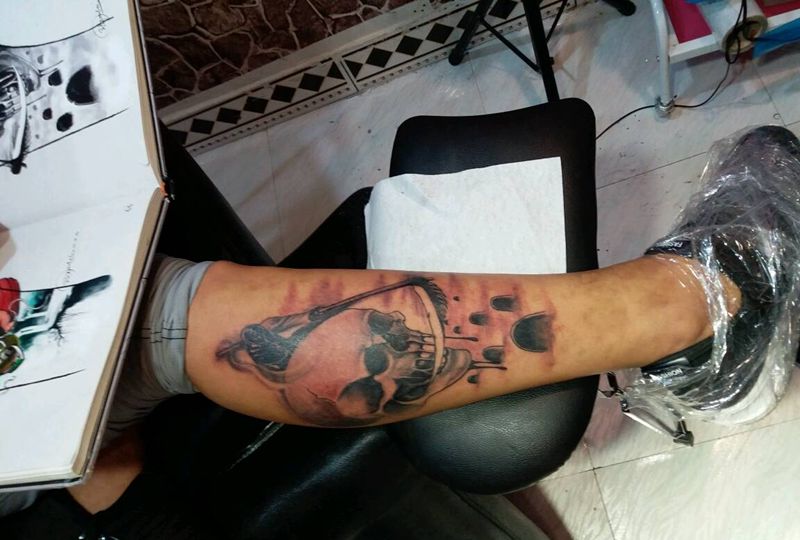 骷髅纹身图片_腿部欧美传统鬼神原创成品纹身图案