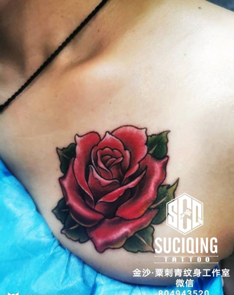 school玫瑰花纹身图片_胸部背部欧美写实Old School原创纹身图案