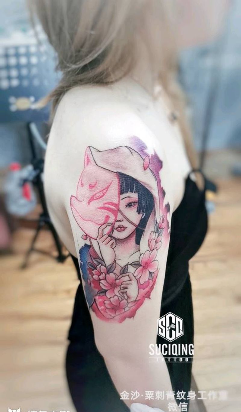 面具美女纹身图片_手臂手部新传统水墨原创纹身图案