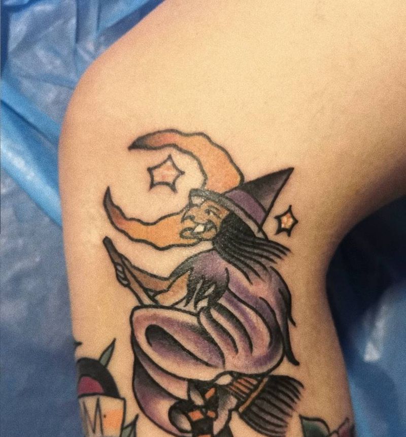 女巫纹身图片_脚部Old School女巫纹身图案