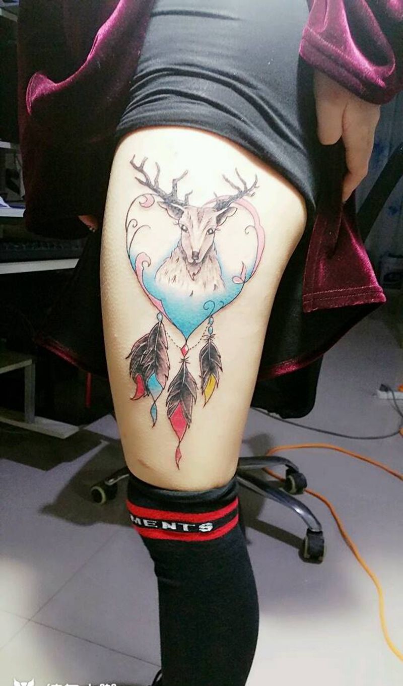 鹿纹身图片_腿部清新动物纹身图案