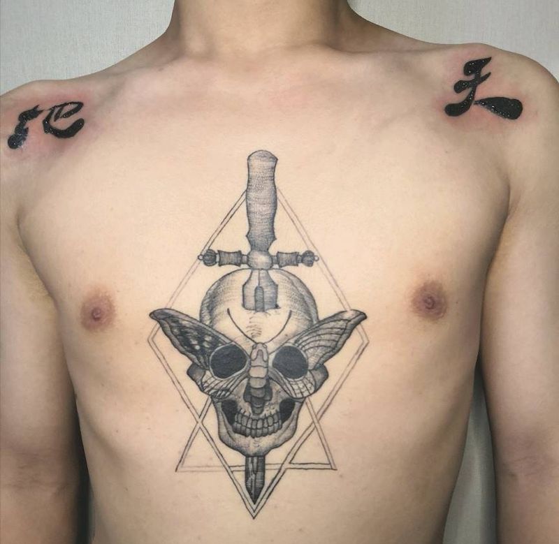 骷髅头未完纹身图片_胸部New School点刺骷髅纹身图案