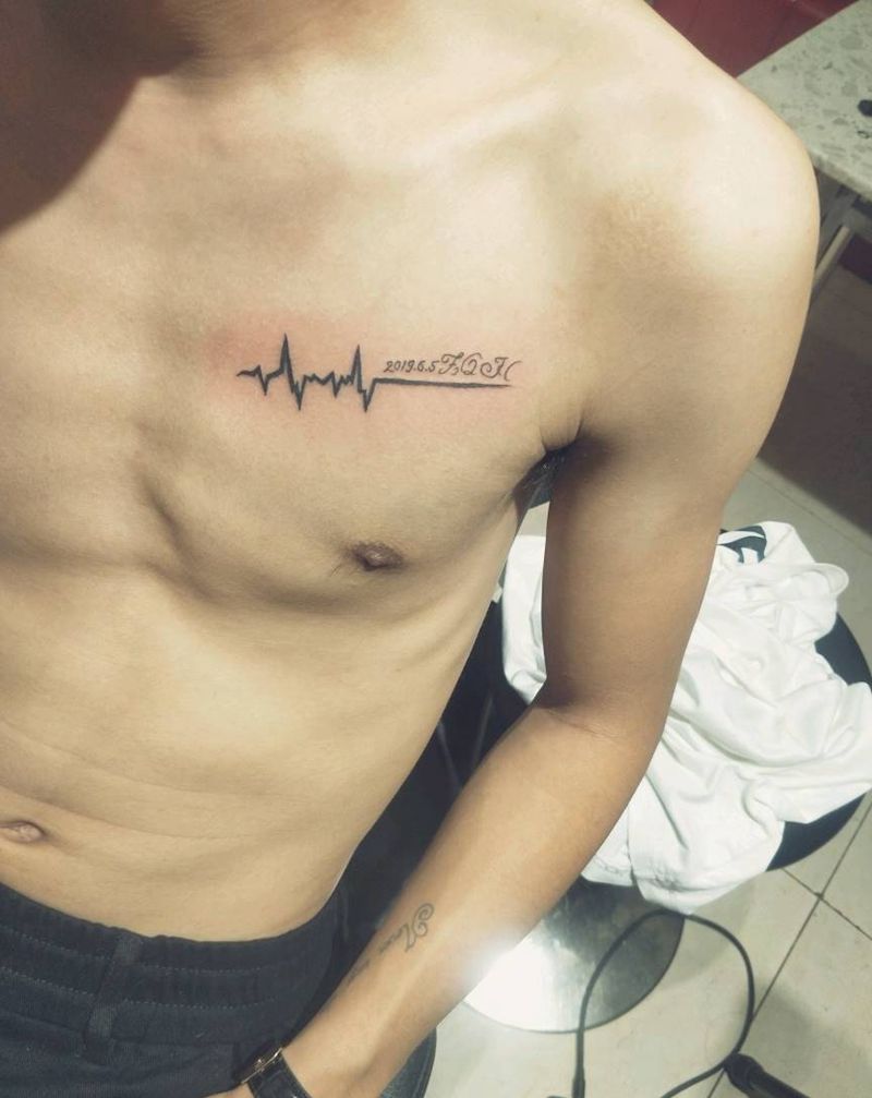心电图纹身图片_胸部纹身图案