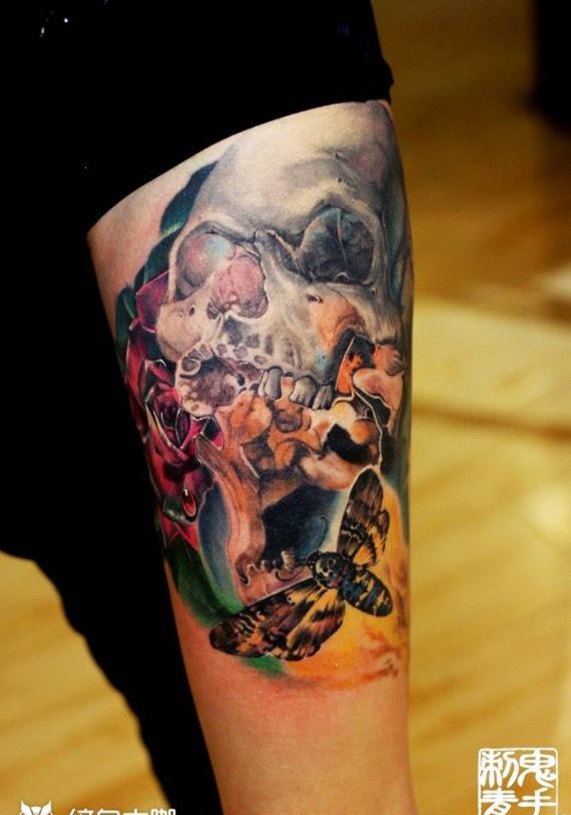 骷髅补色纹身图片