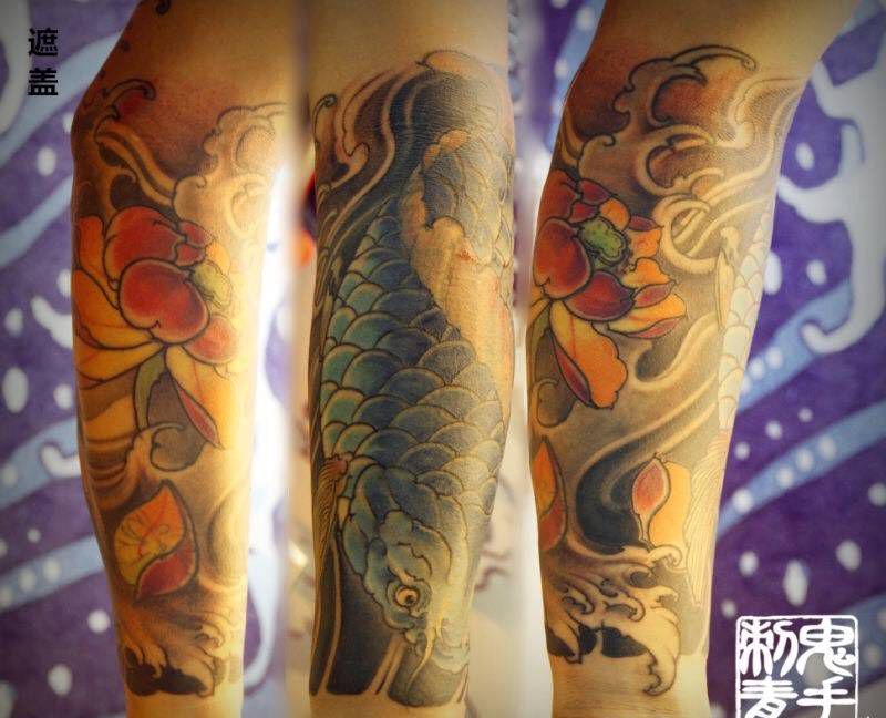 小臂鲤鱼纹身图片_鬼手昆明成品手臂传统动物纹身图案