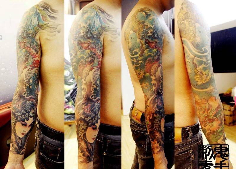 唐狮花臂纹身图片_鬼手昆明成品手臂传统鬼神纹身图案