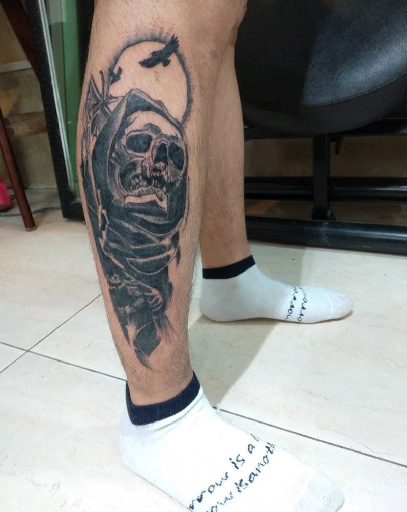 骷髅纹身图片_腿部纹身图案