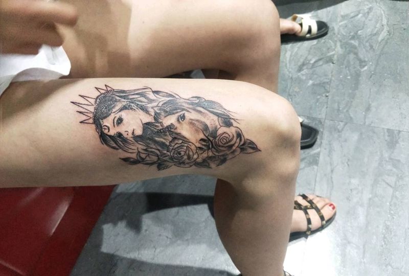 盖疤纹身图片_腿部纹身图案