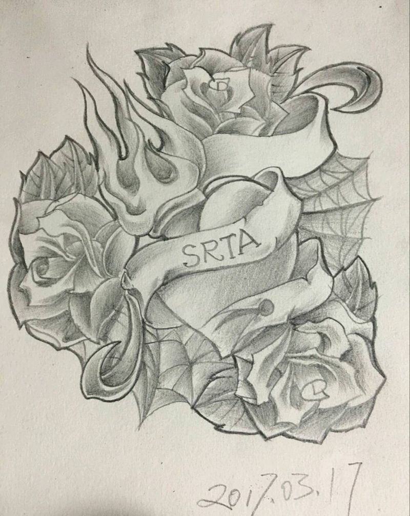 玫瑰纹身手稿纹身图片