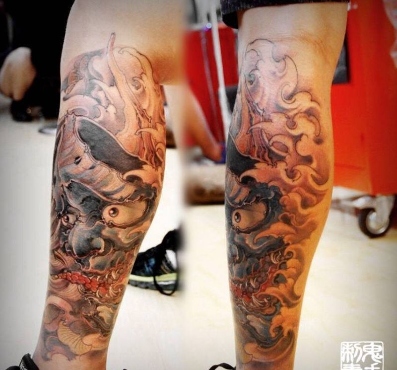小腿般若纹身图片_鬼手昆明成品腿部传统鬼神纹身图案