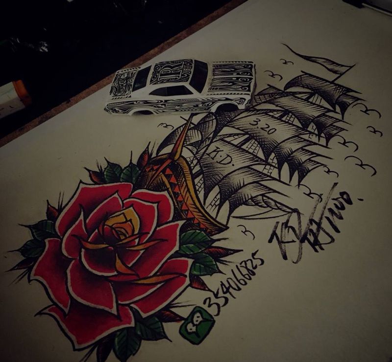 old school纹身图片_手稿插画欧美帆船纹身图案