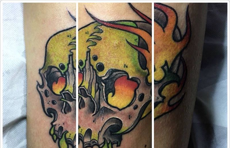 old school纹身图片_成品手稿插画欧美骷髅火焰纹身图案