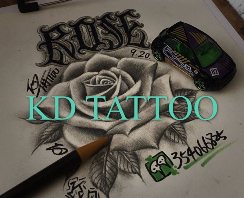 稿子纹身图片_手稿插画欧美写实奇卡诺花体字玫瑰纹身图案