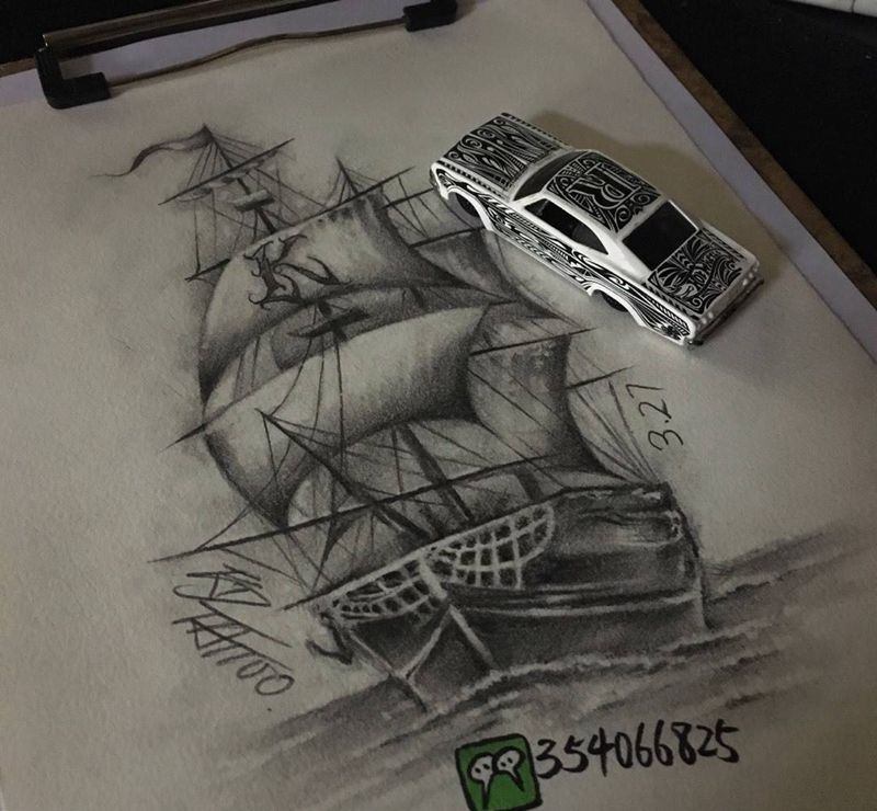 黑灰写实纹身图片_手稿插画欧美写实黑灰写实帆船纹身图案