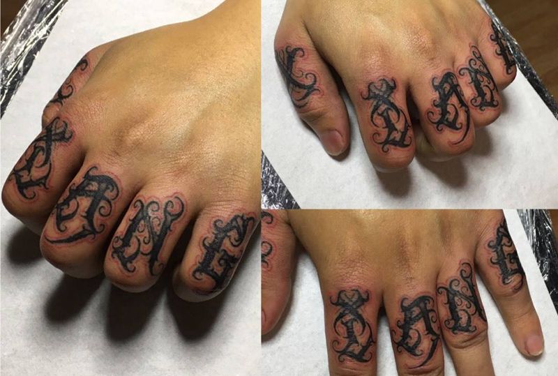 今天战果纹身图片_成品手部欧美字符花体字奇卡诺匪气纹身图案