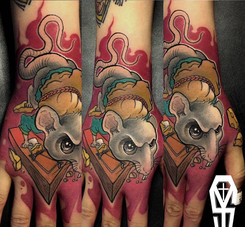 原创设计生肖鼠及作品纹身图片_手臂手部New School新传统老鼠老鼠夹奶酪纹身图案