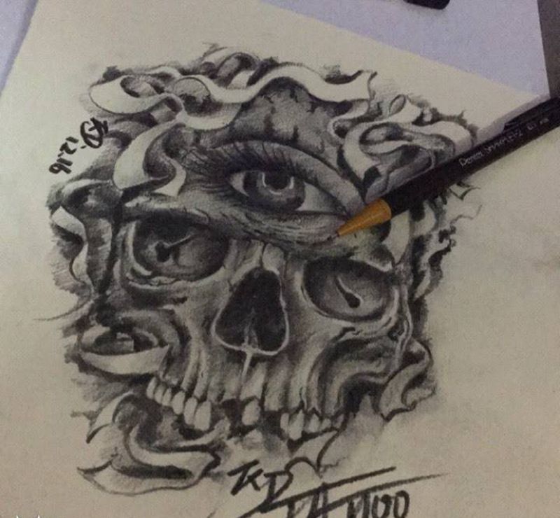 骷髅☠️手稿纹身图片_手稿插画欧美写实纹身图案