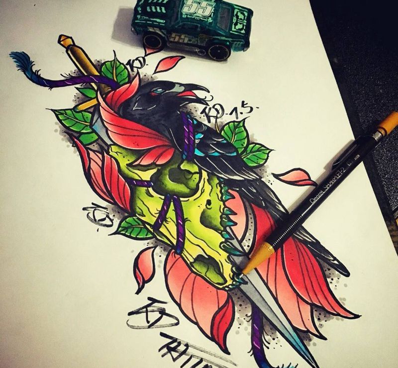 old school手稿纹身图片_手稿插画欧美动物纹身图案