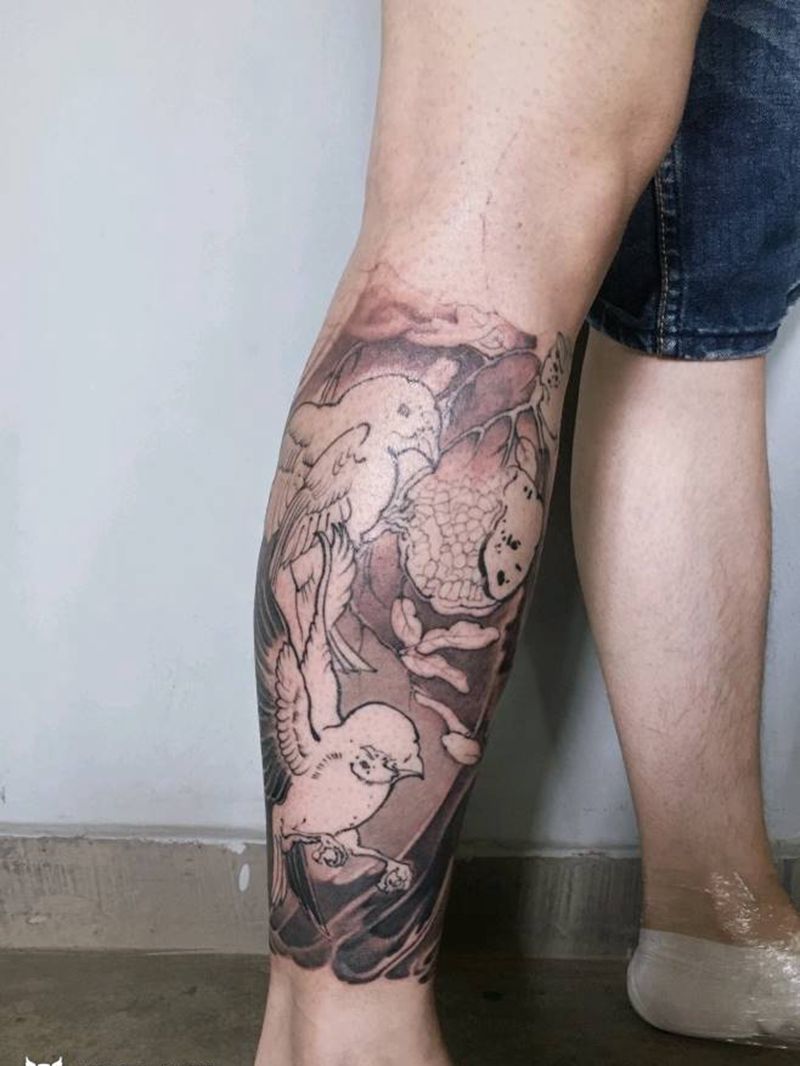 石榴 鸟包退纹身图片_腿部新传统纹身图案