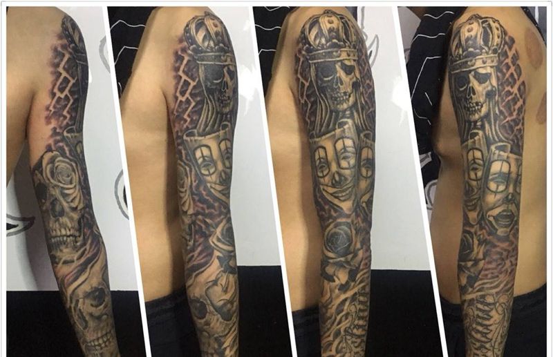 欧美暗黑写实纹身图片_成品手臂欧美肖像写实黑灰写实骷髅奇卡诺匪气纹身图案