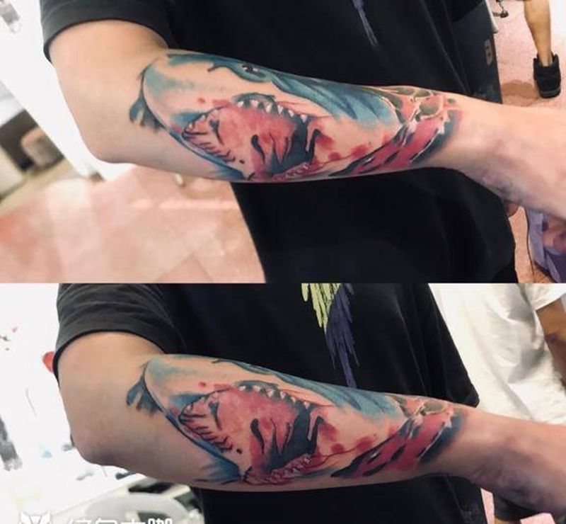 鲨鱼纹身图片_手臂欧美写实纹身图案