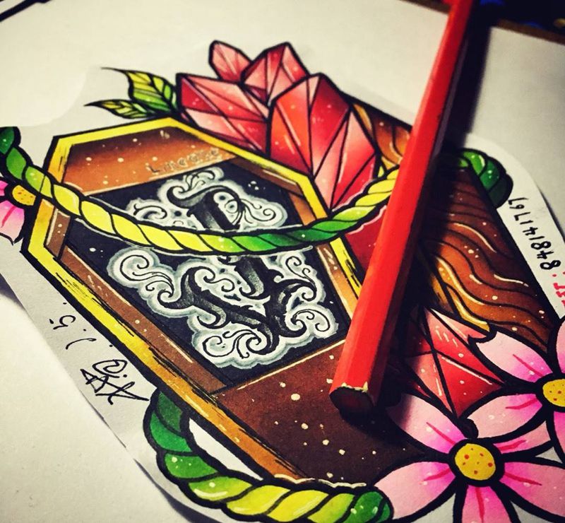 Old school纹身图片_手稿成品欧美奇卡诺花体字水晶纹身图案