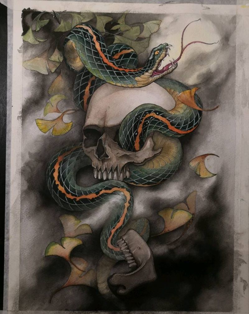 蛇与骷髅纹身图片_腿部手臂新传统蛇骷髅银杏纹身图案