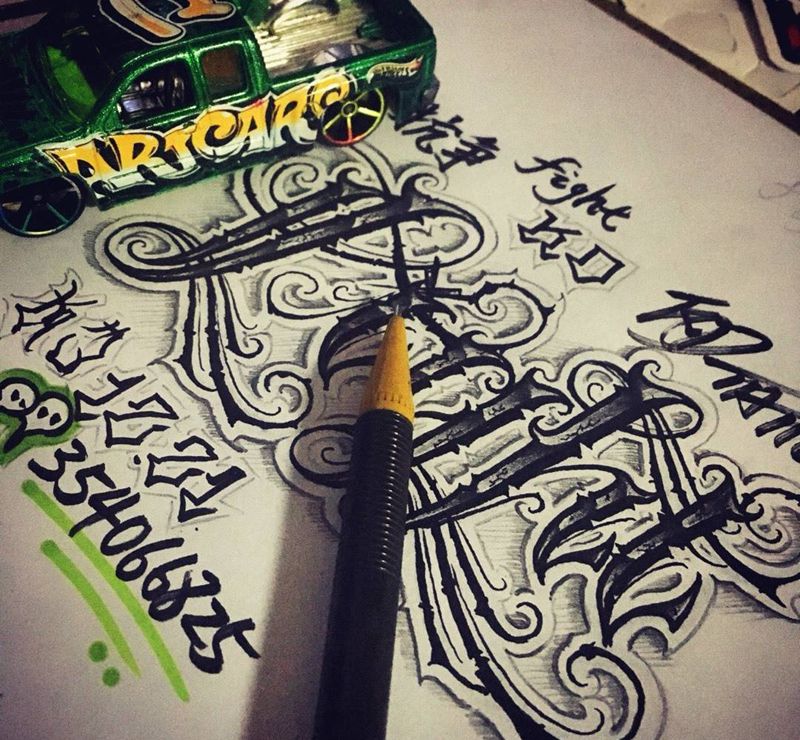 奇卡诺手写字体纹身图片_手稿插画成品欧美花体字奇卡诺字符纹身图案