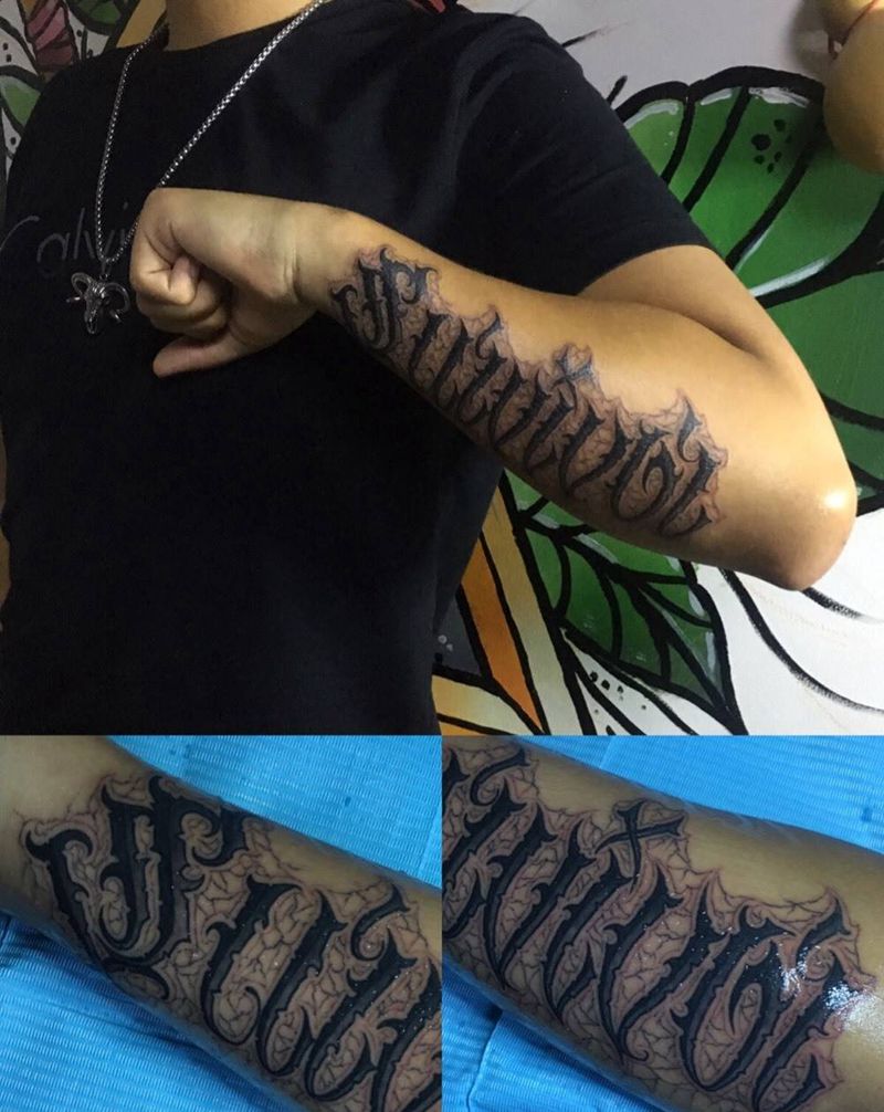 奇卡诺手写字体纹身图片_成品手臂欧美字符花体字奇卡诺纹身图案