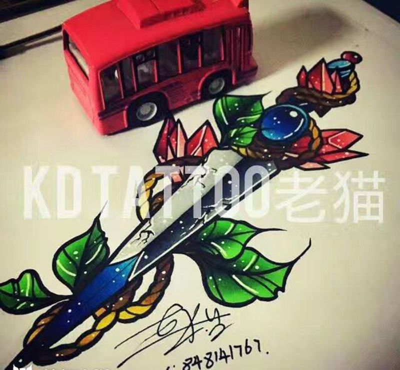 old school纹身图片_成品手稿插画欧美宝石水晶匕首纹身图案