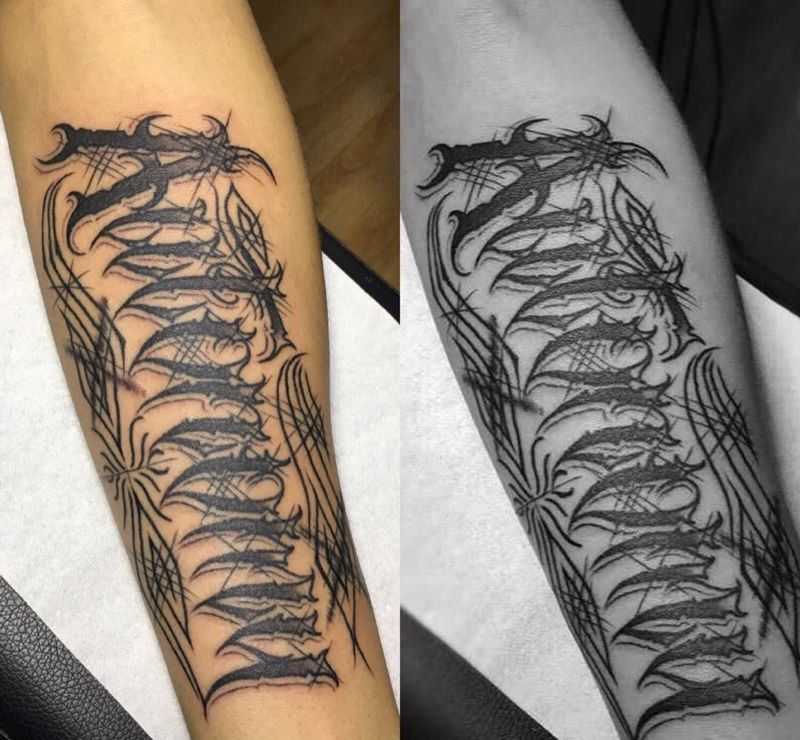 今天字体纹身图片_成品手臂欧美字符奇卡诺匪气花体字纹身图案