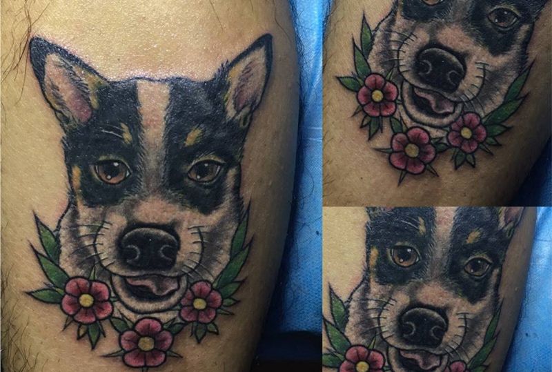 小狗纹身图片_成品腿部欧美动物小狗纹身图案