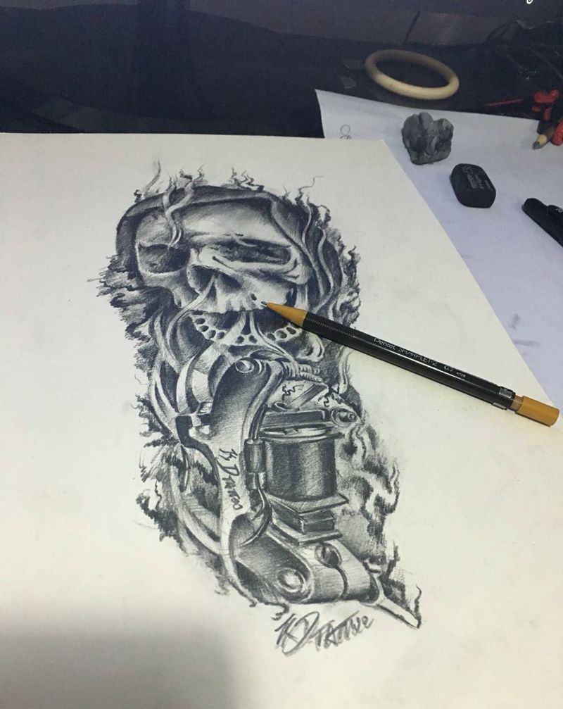 骷髅纹身机手稿纹身图片_插画手稿欧美写实纹身图案