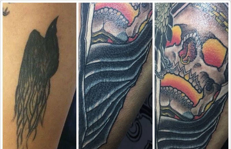 神雀遮盖纹身图片_成品手臂欧美遮盖骷髅纹身图案