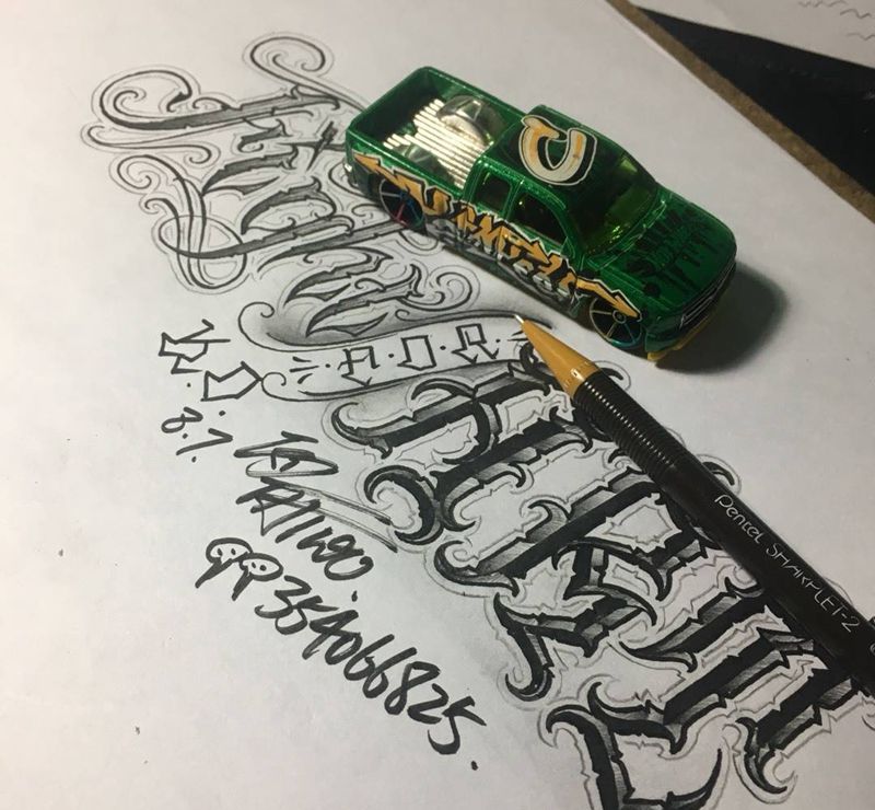 奇卡诺手写字体纹身图片_成品手稿插画欧美字符奇卡诺匪气纹身图案