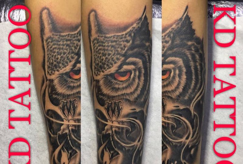 今天写实纹身图片_成品手臂欧美写实猫头鹰纹身图案