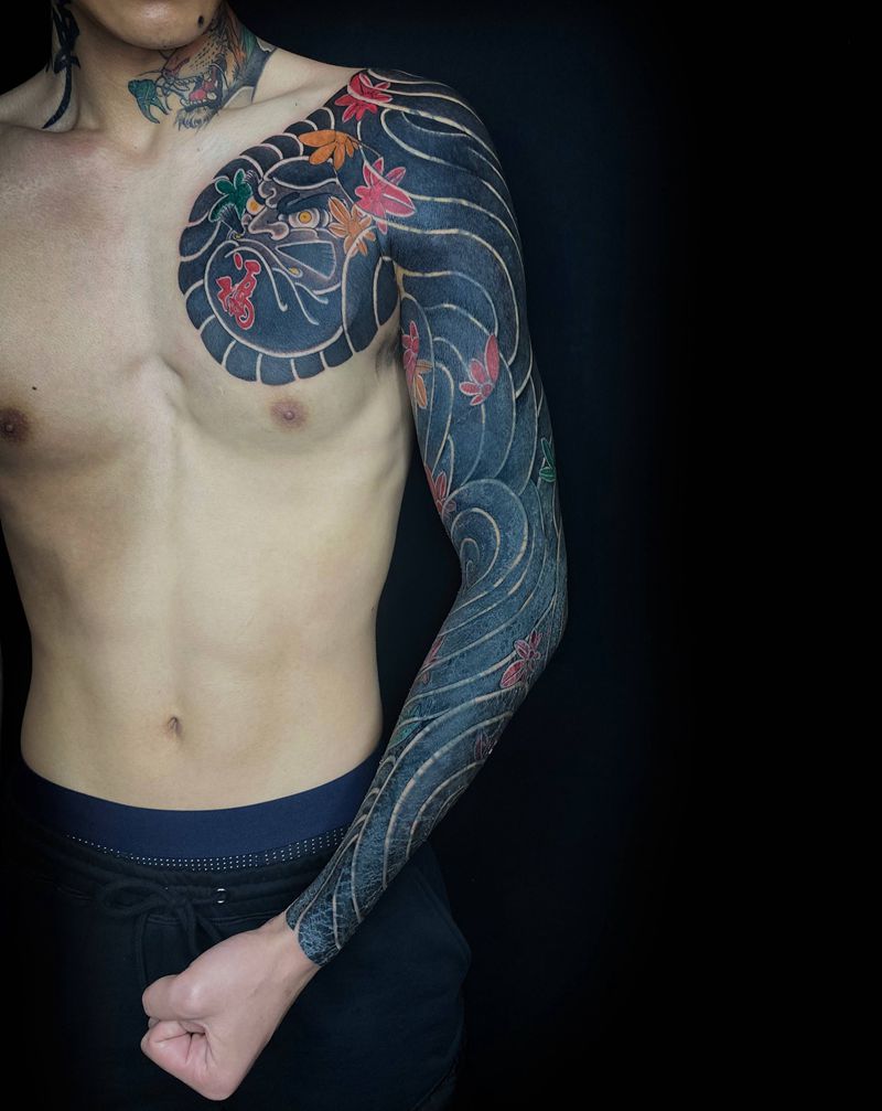 遮盖扎毁的手臂纹身图片_手臂手部老传统新传统银杏叶 板雾达摩纹身图案