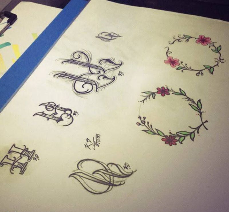 字体 花环纹身图片_手稿插画清新纹身图案