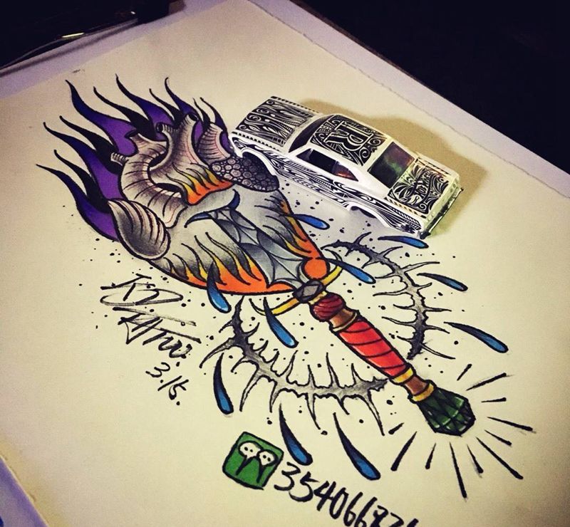 315打假之日纹身图片_手稿插画欧美鬼神匕首心脏纹身图案