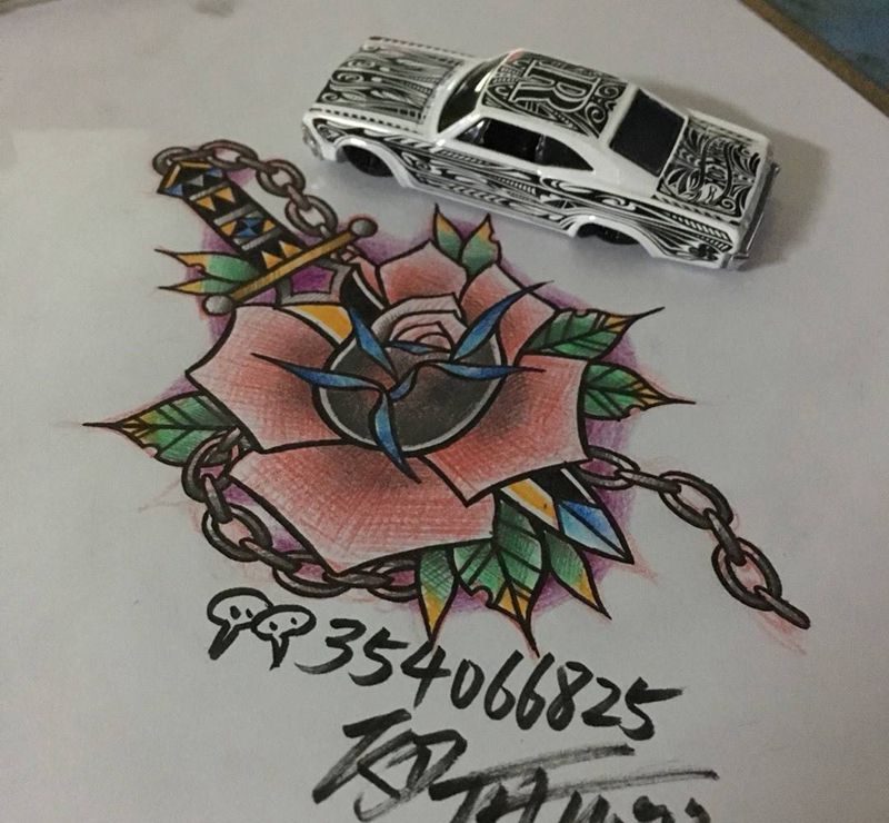 old school纹身图片_成品手稿插画欧美匕首玫瑰纹身图案