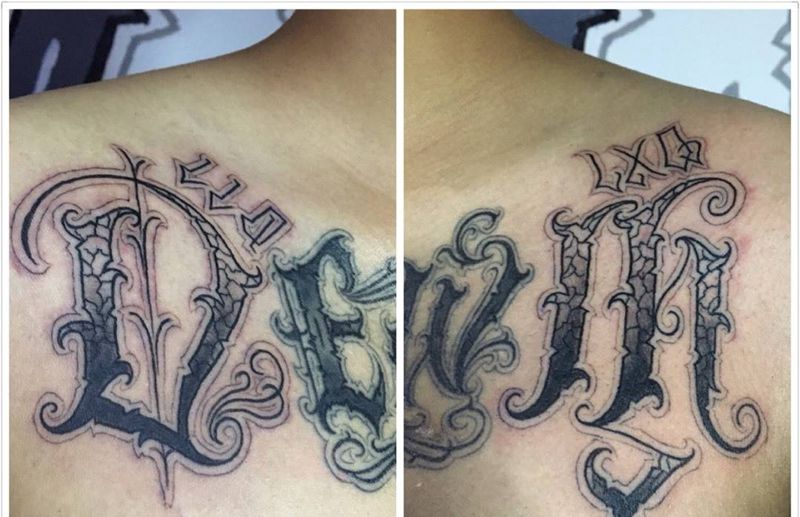 奇卡诺手写字体纹身图片_成品胸部欧美字符匪帮奇卡诺花体字纹身图案