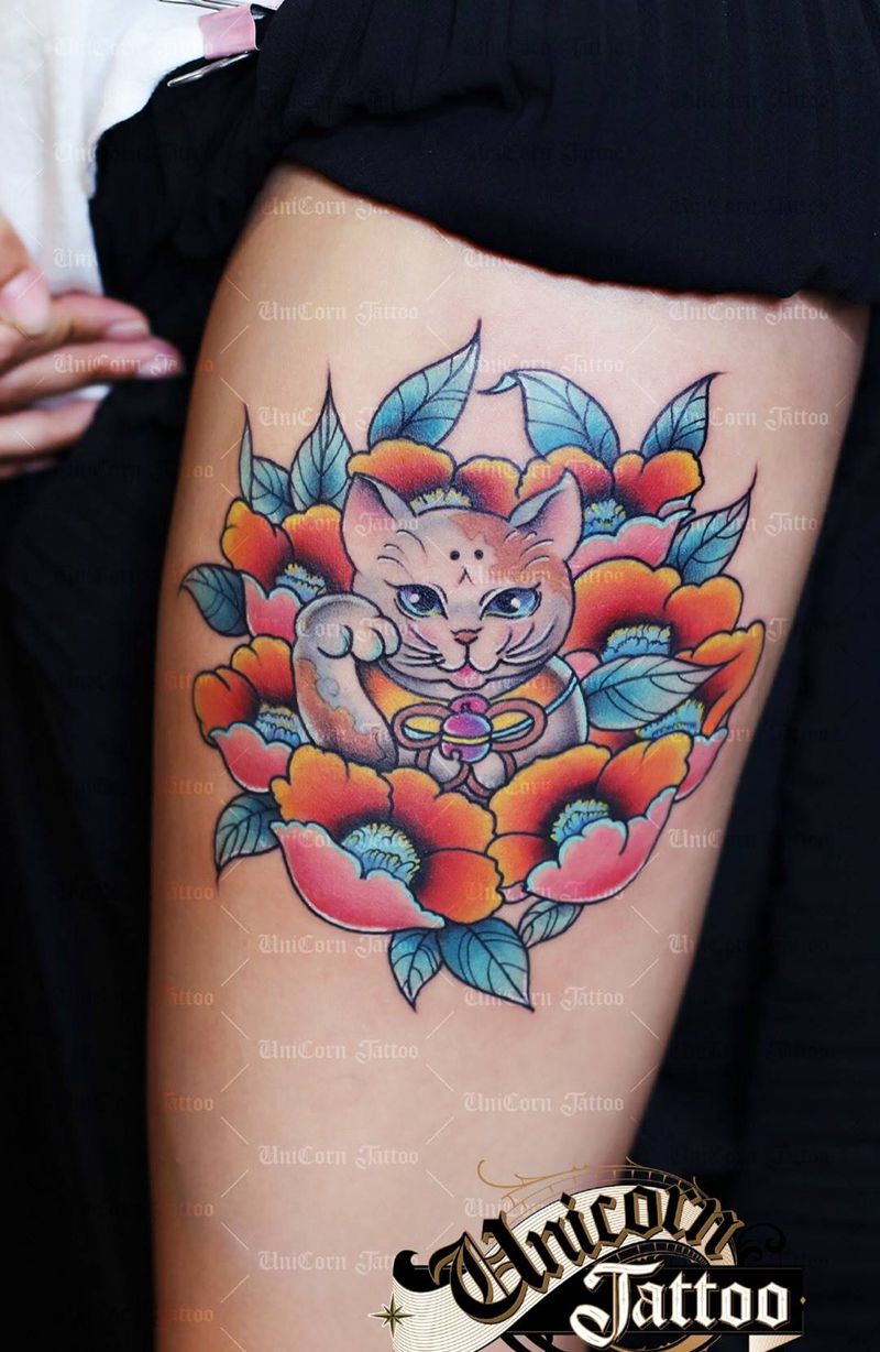 大腿猫咪纹身图片