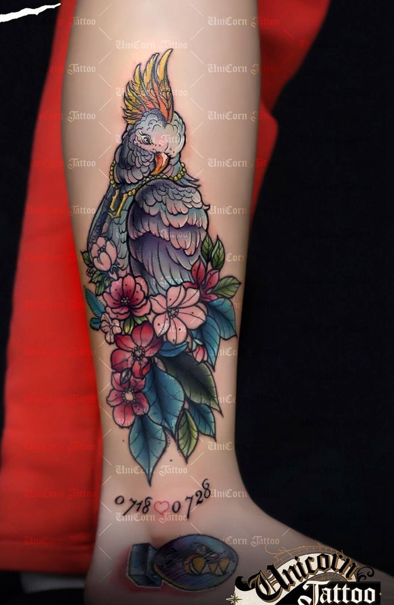 小腿鹦鹉遮盖纹身图片