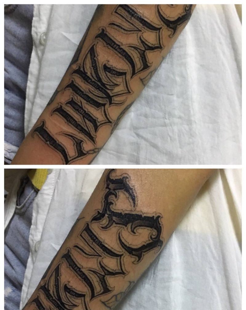 今晚的奇卡诺纹身图片_成品手臂欧美字符匪气奇卡诺花体字纹身图案